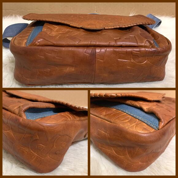 THE BRIDGE Brown Logo-Embossed Leather Vintage Saddle Messenger Bag w/Denim Trim - Picture 14 of 16